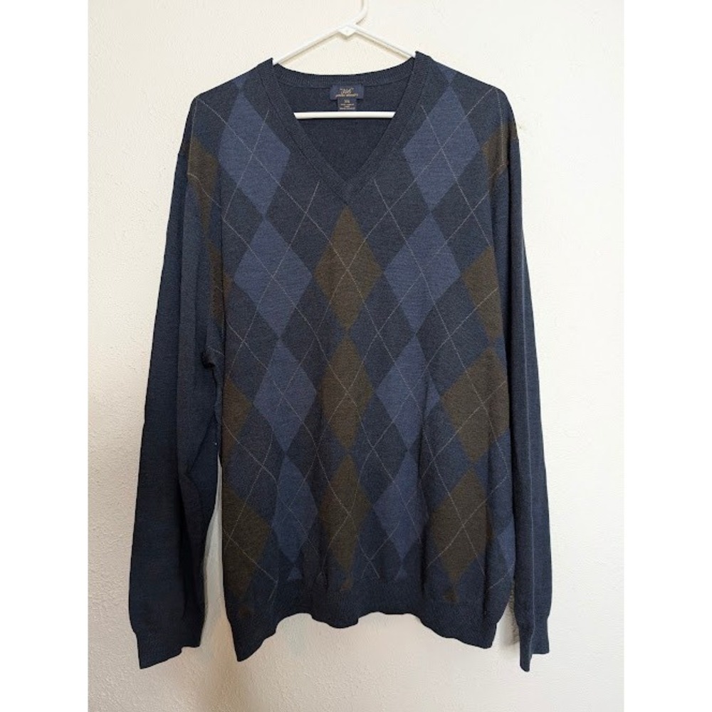 Brooks Brothers Mens V-Neck Argyle Sweater XXL Blue Office 100% Merino Wool Knit